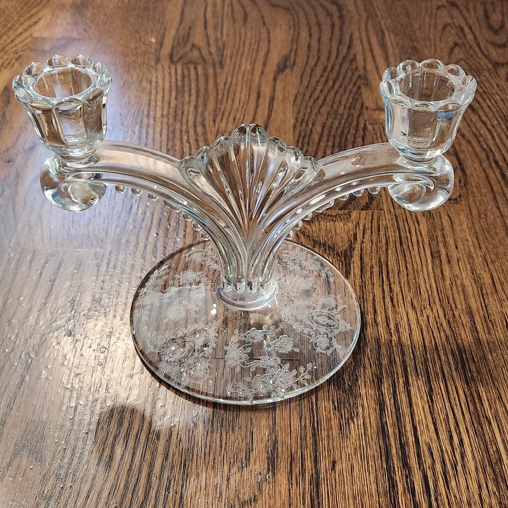 Tiffin Franciscan Cherokee‎ Rose Etched Double Candleholder Taper GORGEOUS!
